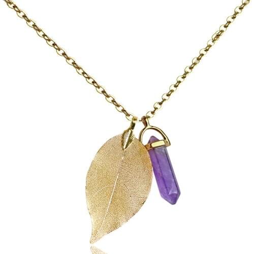 Natural Hexagonal Leaf Gold Pendant Stone Charm Necklace with Genuine Leaf Gold Plated with Pointed Natural Stone Unique Gift