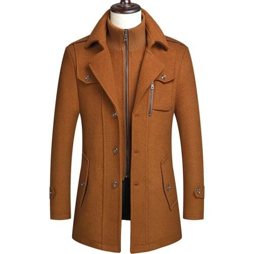 New autumn and winter mens wool blended jacket pure color cold-proof mens wool coat double collar casual windbreaker for men