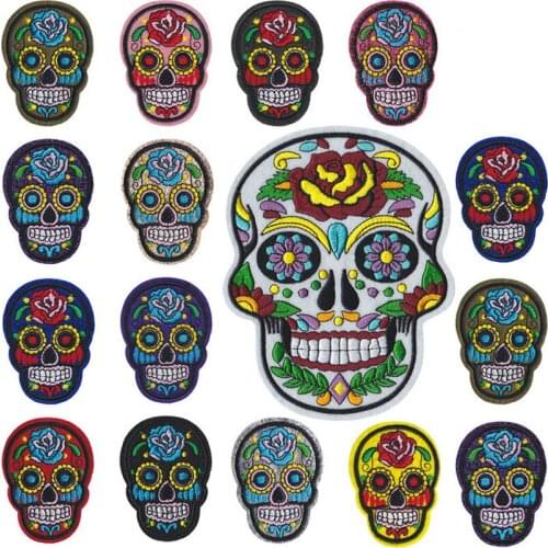New Floral Flowers Skeleton Embroidered Patch Punk Style Patches Iron on Fabric Badges Sew on Cloth Applique Motif Clothes DIY