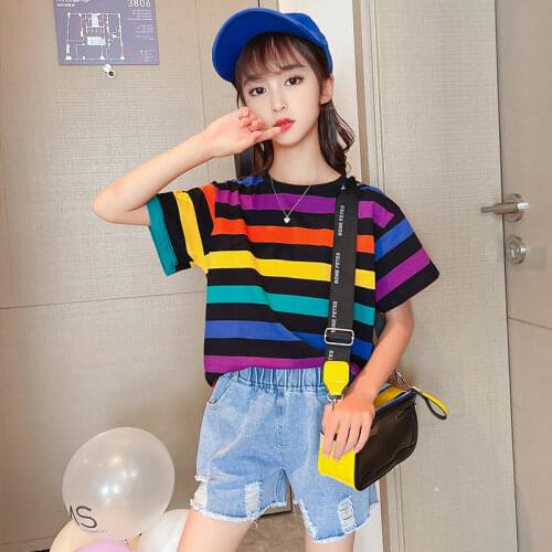 Teen Girls Clothing Sets 6 8 10 12 Years Old Summer 2 Pieces Outfits Girls Striped Print T Shirt Shorts Suit Kids Girls Clothes