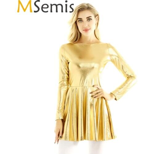 MSemis Ladies Holographic Dress Shiny Metallic Rave Clothes Festival Women Ballroom Dance Wear Evening Paties Stage Costumes