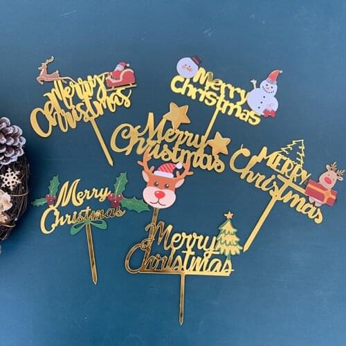 Santa Claus Merry Christmas Acrylic Cake Toppers Gold Happy New Year Cupcake Topper for Home Xmas New Year Party Cake Decoration