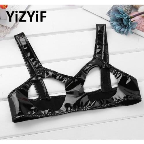 Sexy Clubwear Women Wet Look Leather Bustier Latex Mini Bra Porno Open Cups Bra Underwear Female Hollow Nipples Unlined Bralette