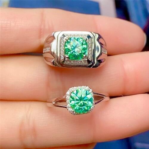 Silver 1 Carat Cushion Cut Diamond Test Passed Excellent VVS1 Green Moissanite Ring Men Women Silver 925 Jewelry Wedding Gift