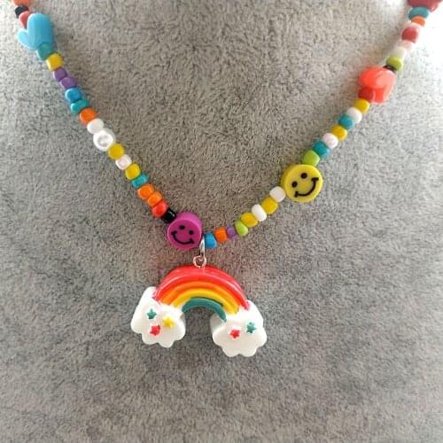 Smiley Mushroom Rainbow Dice Pendant Rice Bead Necklace Hip Hop Clavicle Chain Female Trendy Jewelry for Women Girls
