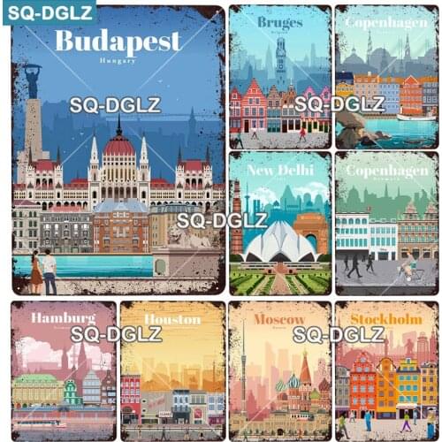 [SQ-DGLZ]Europe City Metal Sign Vintage Plaque Plate Decor For Pub Bar Wall Decor Tin Sign Budapest/Moscow/Bruges Poster Gift