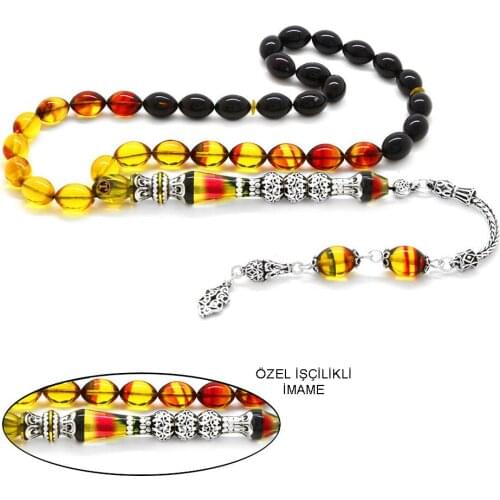 Tesbihane 925 Sterling Silver Tassels Silver Three Balconied Nakkaş İmameli Extracted Honey Color Fire Amber Prayer Beads