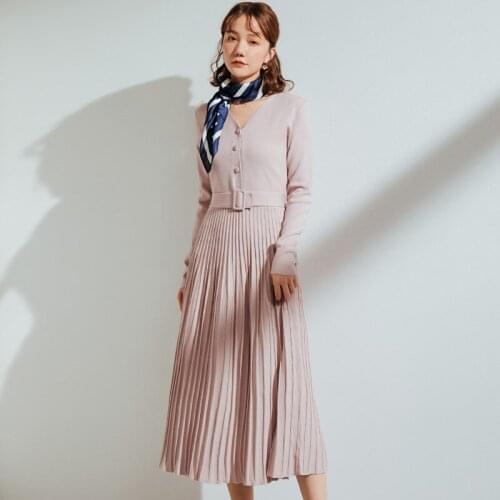 Knit Vestidos Mujer Mid-length Autumn Winter High-waisted V-neck Sweater Dress Women Temperament Ladies Pleated Dress Hiver E297