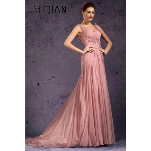 V-cut Beaded Handmade Flowers Chiffon Evening Dress