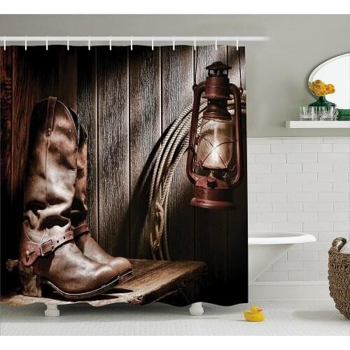 Western Shower Curtain Dallas Cowboys and Lantern on a Bench in Vintage Ranch Nostalgic Folkloric Print Bathroom Curtains