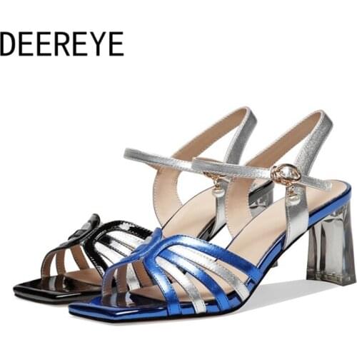 Womens Luxury Sandals Summer 6.5CM Transparent Crystal Chunky High Heel Multicolor Lady Ankle Strap Buckle White Pearls Shoes