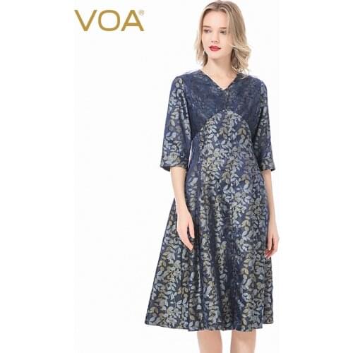 VOA Silk 25m/m Yarn-Dyed Jacquard V-neck Organza Sheet Splicing Seven Sleeve Slim Big Dress Women A8018