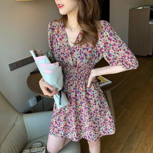 V-neck Chiffon Dress Women Spring Summer Half Sleeved High Waist Casual Printed Floral Sexy Mini Dresses Loose Female Vestidos