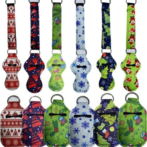 24pcs Christmas Styles 30ML Sanitizer Travel Bottle Holder Keychain Bags Keychain Chapstick Holder Neoprene Wristlet Wedding