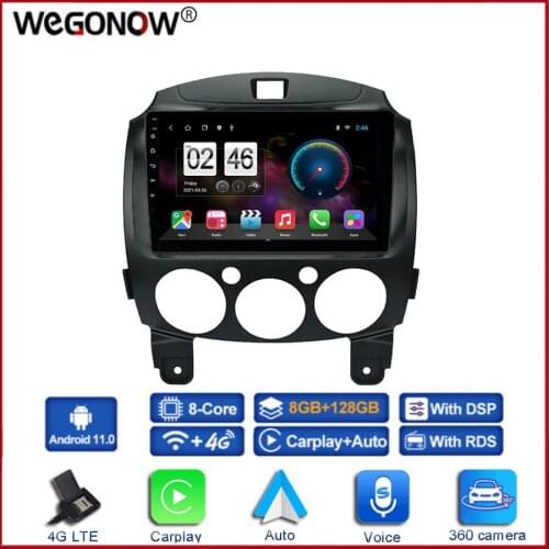 360 Panoramic Camera Carplay 6G+128G Android 10.0 Car DVD Player GPS map WIFI Bluetooth 5.0 RDS Radio For MAZDA 2 2007 2008-2013