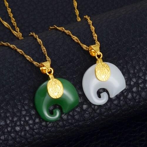 Anniyo Chinese Elements FU and Elephant Pendant Neckalces White/Green Stone Protective Talisman Jewelry Chinese style #001736
