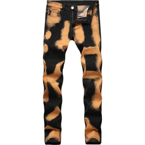 Yellow Black Mens Colorful Print Straight Jeans Male Fashion Colored Painting Stretch Cotton Denim Pants H1833