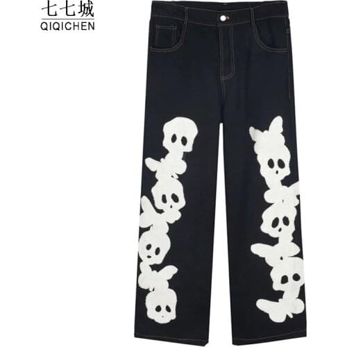Skull Patchwork Jeans Men Denim Hip Hop Men Designer Cargo Pant Male Vintage Harajuku Skeleton Graffiti Straight Trousers Street
