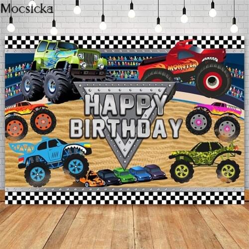 Monster Truck Backdrop for Birthday Party Decor Photography Background Kids Racing Fan Boys Birthday Party Banner Photoshoot