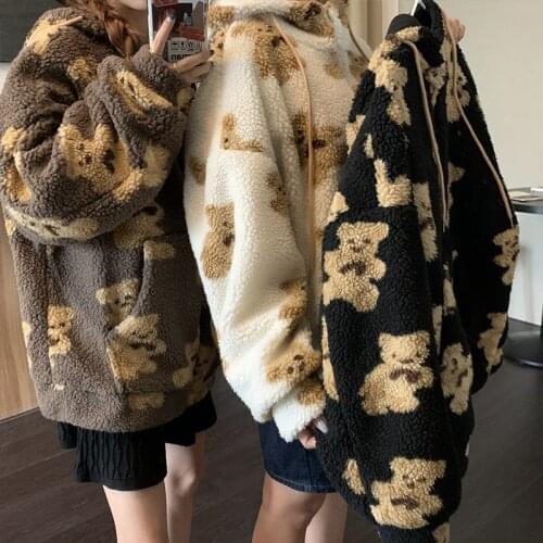 Korea Ulzzang Women Hoodies Sweatshirt Zipper Teddy Coat Harajuku Loose Kawaii Clothes big size Oversized Hoodie Women clothing