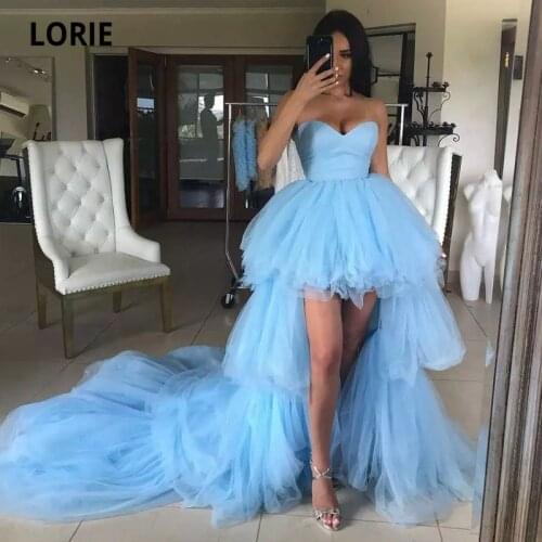 LORIE High Low Evening Dresses Sweetheart Tiered Tulle Blue Prom Gown Short Front Long Back Pageant Party Dress for Graduation