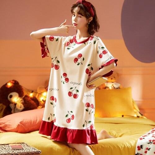 Sleeping Dress Cotton Women Nightgown Long Sleepshirt Sleepwear Loose Size Short Sleeve Nightwear Home Clothing