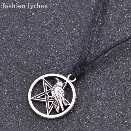 Fashion lychee New Design Pentacle Pentagram Bird Crow Round Shape Drop Pendant Necklace Rope Link Chain Jewelry For Men