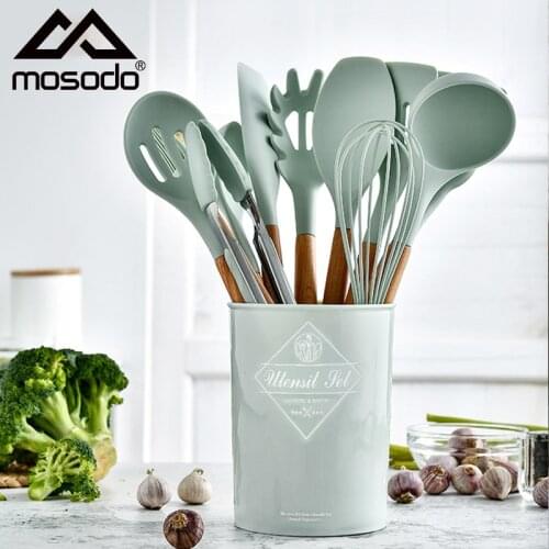 Mosodo 11Pcs Silicone Cooking Utensils Set Non-Stick Pot Wooden Handle Kitchenware Set Silicone Spatula Spoon With Storage Box
