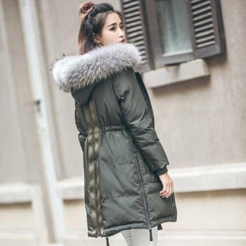 New Fashion Medium Length Hooded Raccoon Fur Collar Warm Down Coat Womens Slim Outwear Jackets Winter YYJ11