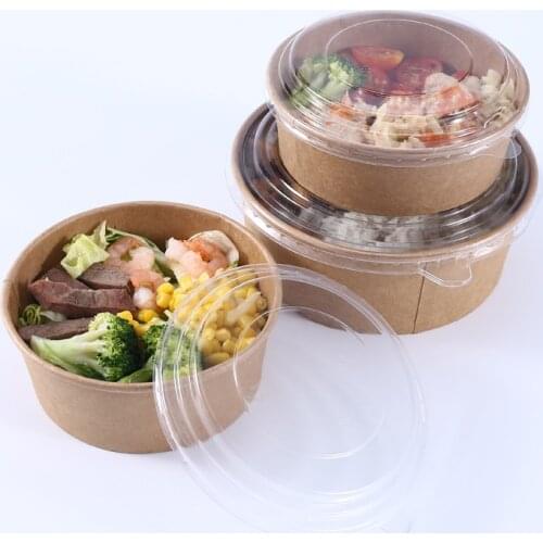 50pcs/pack Big Size Disposable Paper Bowl Fruit Salad Fast Food Package Takeaway Food Storage Package With Plastic Lid