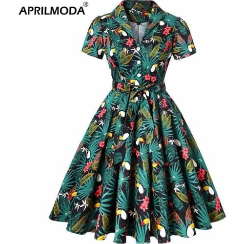 Parrot Bird Print Summer Plus Size Women Vintage Dress Beach Green Retro Pin UP Casual Party Robe Rockabilly 60s Swing Sundress