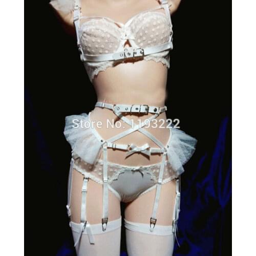Cosplay Lolita Kawaii Handmade Sexy Harajuku Leather Elastic Garter Belts Chiffon Mesh Waist Garters Harness for Dress Costume