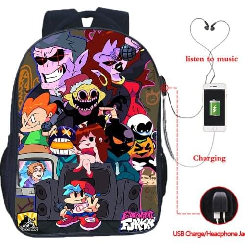 16 Inch Friday Night Funkin 3D Print Usb Backpack Students School Bags Backpacks Mens Game Rucksack Mochila Teenager Laptop Bag