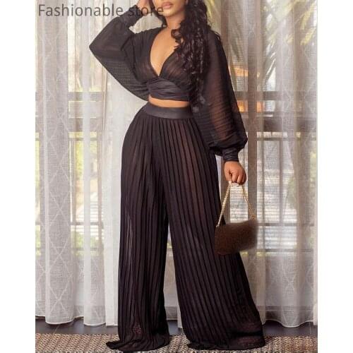 Overisize Lantern Sleeve Mesh Crop Top & Pleated Wide Leg Pants 2 Piece Sets