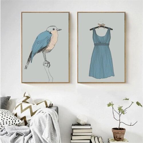 Nordic Abstract Bird Skirt Blue Base Decorative Painting canvas art print decoration home Still life Waterproof Ink Painting