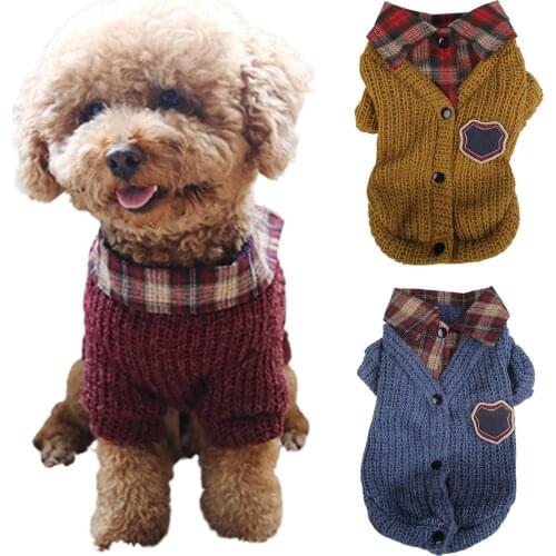 Warm Cat Dog Sweater Winter Clothes Warm Clothes Pet Fake Two Pieces Plaid Pattern Lapel Sweater Autumn Winter Cat Dog Clothes