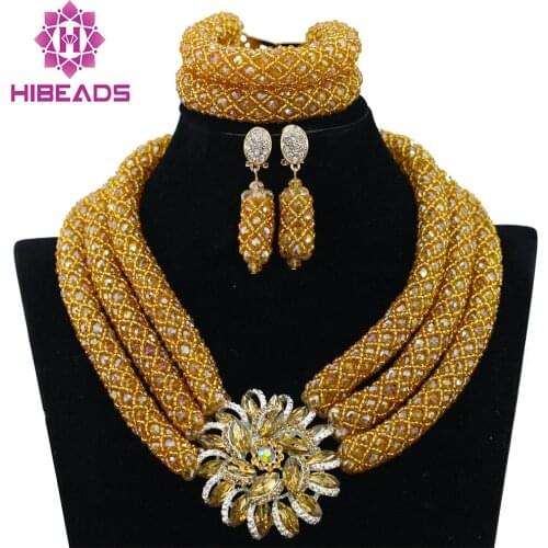 Gorgeous Champagne Gold Nigerian Wedding African Beads Jewelry Set Arabic Chunky Costume Bridal Jewelry Set Free shipping WB993