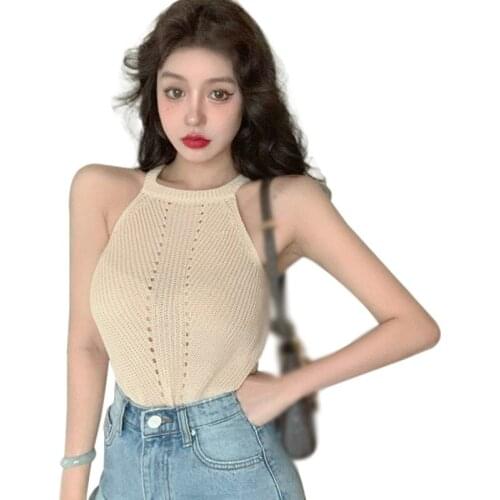 Womens Halter Tank Tops Slim Off Shoulder Sleeveless Knitting Camis Summer Sexy Hollow Out Streetwear Pure Color Casual Crop Top