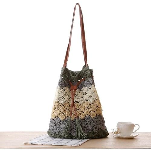 Women Straw Crossbody Bag Handmade Stripe Woven Beach Bohemian Shoulder Purse