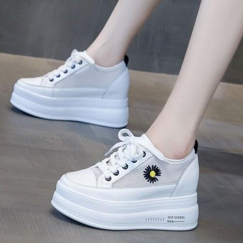 Internally-increased Women White Shoes 2021 New Thick Platform Ladies Casual Flats Mesh Breathable Student Walking Sports Shoe