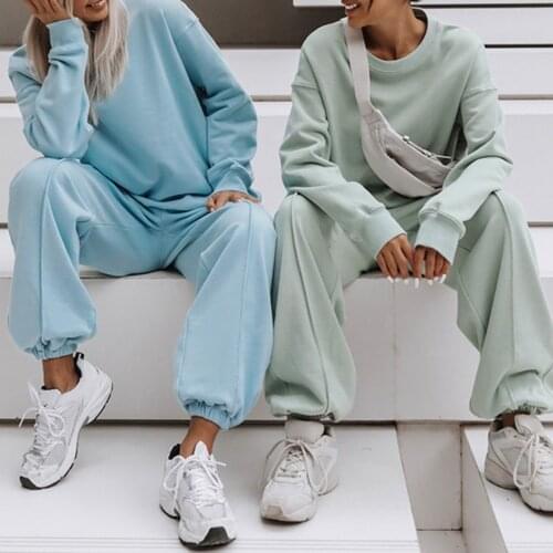 2021 Autumn Women Set Fashion 2 Piece Suit O Neck Solid Long Sleeve Top Pocket Long Casual Loose Pants Jogger Sportswear Outfit