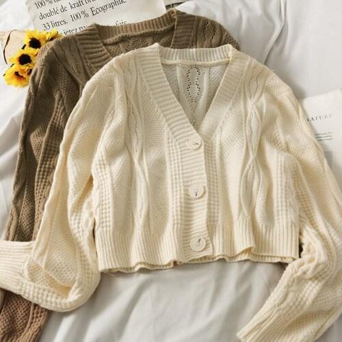 Vintage Twist Hollow Out Knitted Sweater Cardigan Women Autumn Winter Fashion Loose Korean Single Breasted V-neck Solid Knitwear