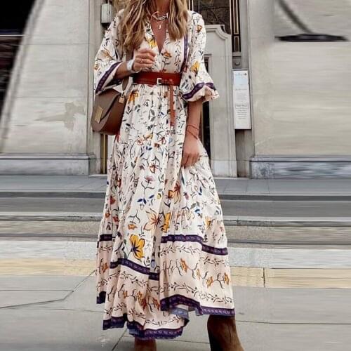 Womens High Waist Flare Sleeve Long Dress V-neck Sleeve 2021 Summer New Fashion Printed Bohemian Ladies Casual Long Dress