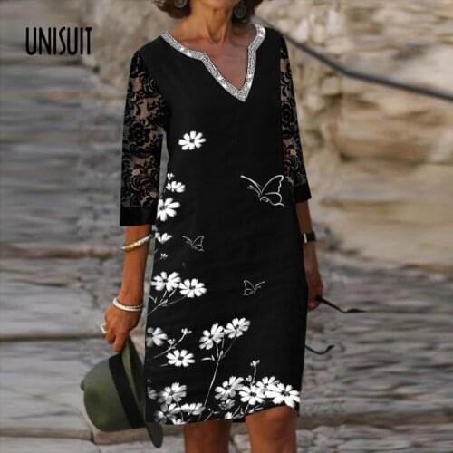 Sexy V Neck Sequin A-Line Party Dress Women Retro Pattern Print Office Midi Dress Spring Autumn 3/4 Sleeve Casual Dress Vestido