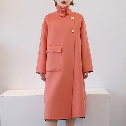 2021 Fashion Korean Style Women Wool Coat Straight Autumn Jackets Winter Clothes Black Stand Collar Jaqueta Feminina WPY4216