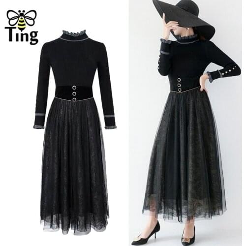 Tingfly Women Vintage Black Long Knit Dress Suit Ruched Knitting Tops Slim Dress 2 Pcs Set Women 2020 Autumn Winter Dress Outfit