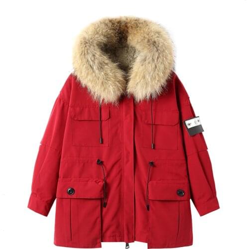 Winter thick warm real raccoon fur coats female great quality Real rabbit fur liner parkas warm big fur collar hooded coat F1886