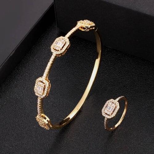 Zlxgirl Clssic Gold Women bracelet with ring 2pcs bridal jewelry sets Womens zirconia copper Bangle ring Bijoux set free bags
