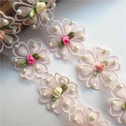 1 yard 5X5CM Cotton Pink Colorful Rose 3D Flower Pearl Embroidered Lace Trim Ribbon Wedding Dress Hat Clothes Sewing Supplies