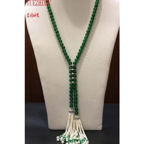 925 silver jewelry Real 8mm green jade necklace 20inch women fresh water pearl tassel jewelry